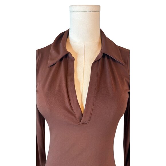 Zara Brown Small Long Sleeve Collared Bodysuit Snap Closure - Picture 3 of 14